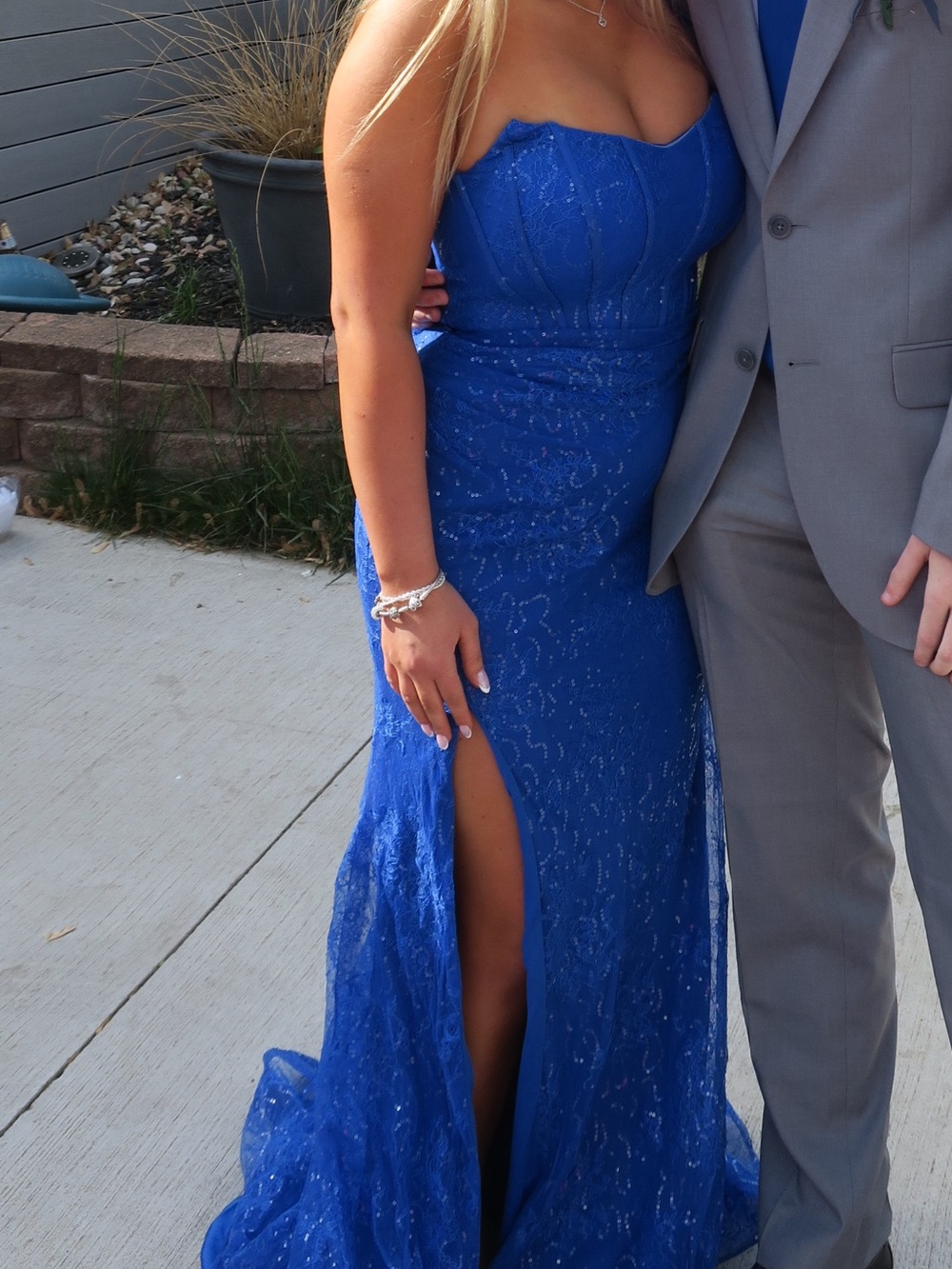 Strapless Royal Blue Lace Evening Dress